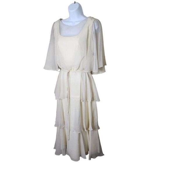 Vintage 70s Flutter Sleeve Sheer Tiered Blouson Dress Womens Size S Ivory White - Picture 6 of 10